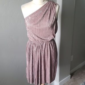 One shoulder shimmery pleated taupe dress size S